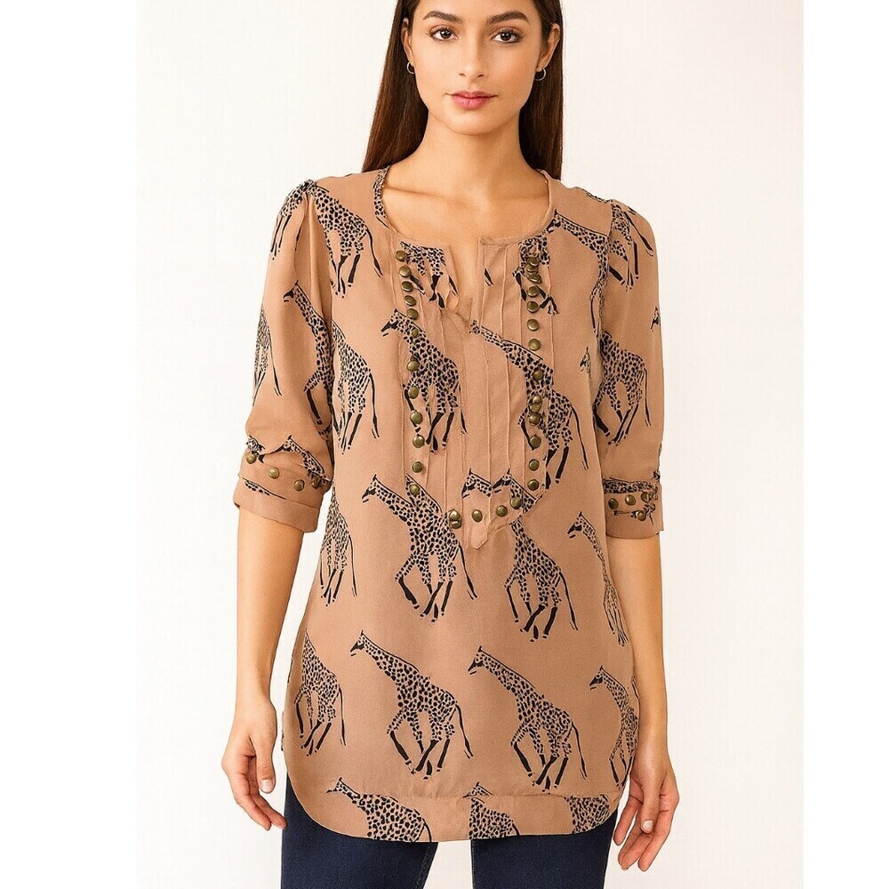 ANGIE pop over blouse top tan black giraffe print safari animal lightweight SZ M